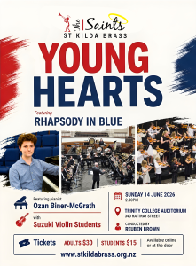 Young Hearts concert poster. Colours are red and blue and there is 3 images through the middle - one of Ozan Binner-McGrath by a grand piano, one is the band playing and another is a group of violin students playing. Below the images are details of the event.