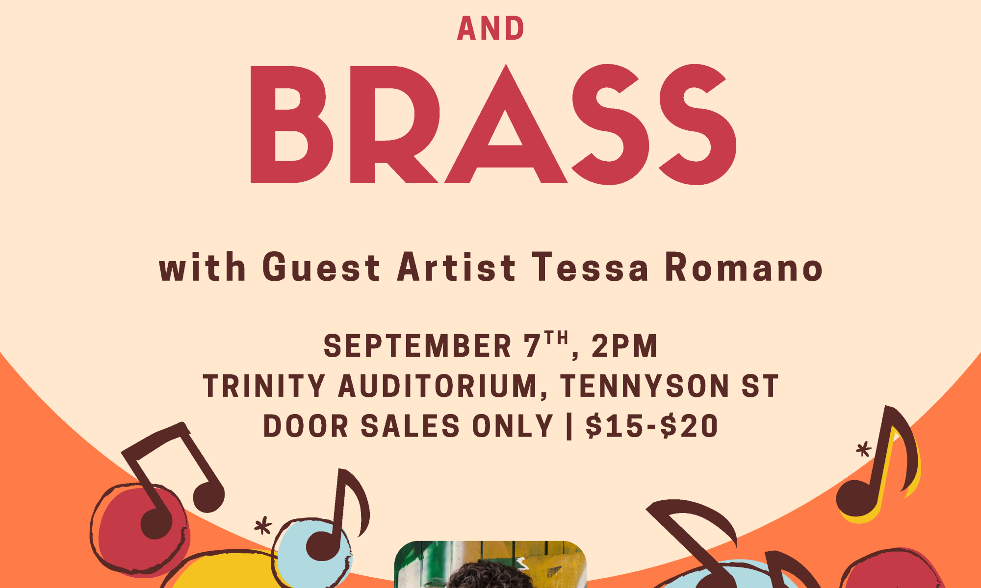 Songs and Brass concert poster. Features some cartoon images of instruments and a photo of Tessa Romano.