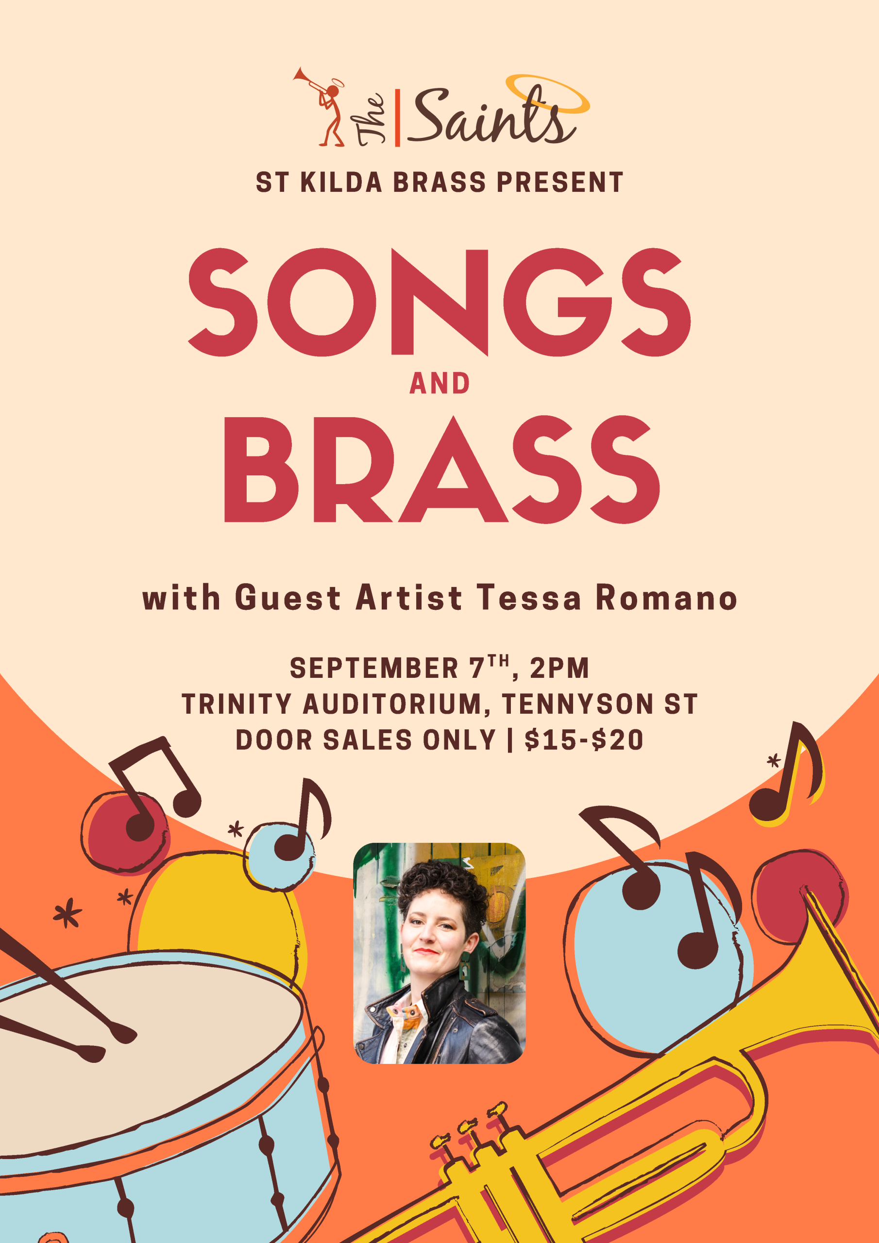 Songs and Brass concert poster. Features some cartoon images of instruments and a photo of Tessa Romano.